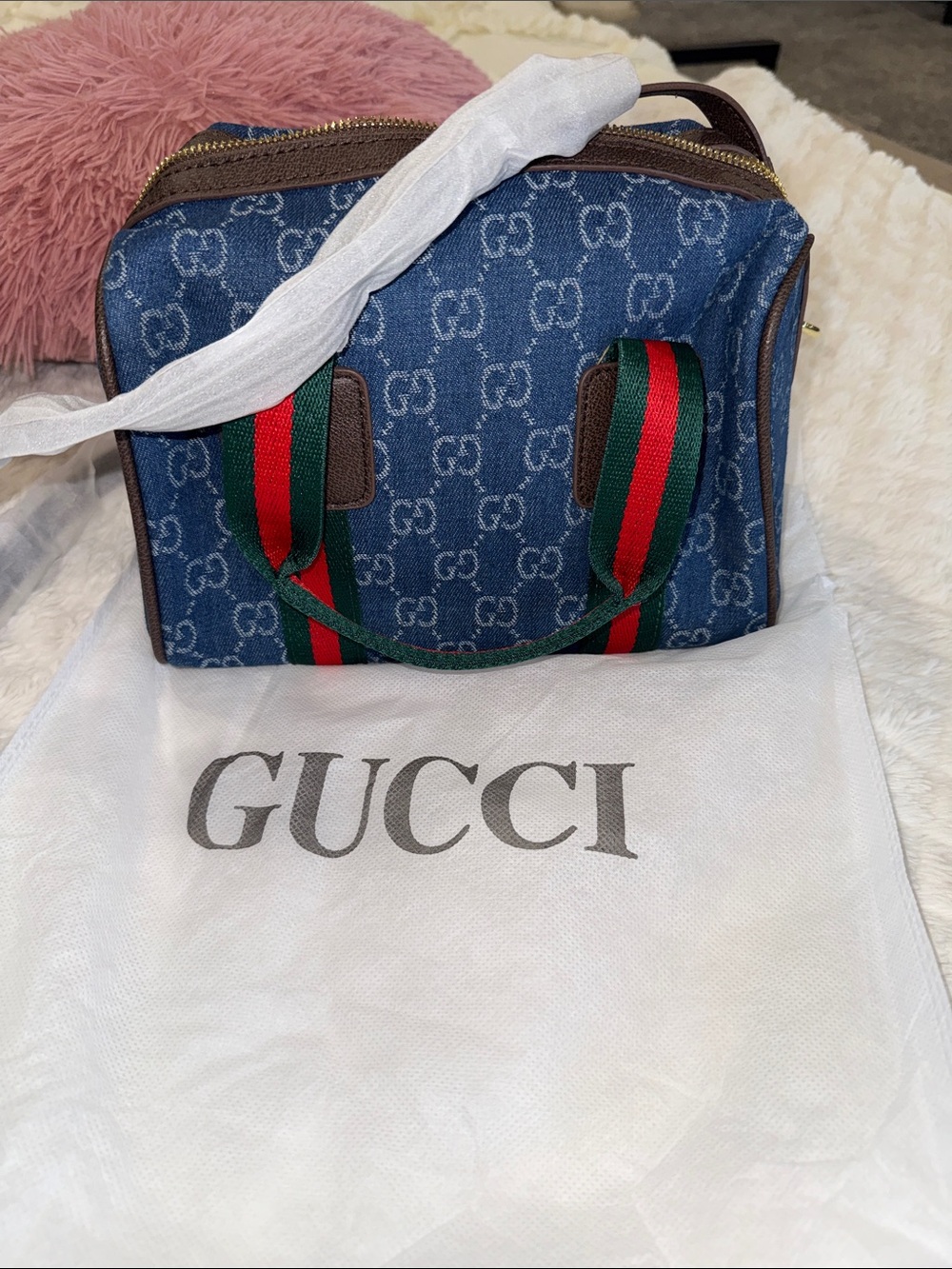 Gucci Blue GG Denim Satchel with Green-Red Web Handles